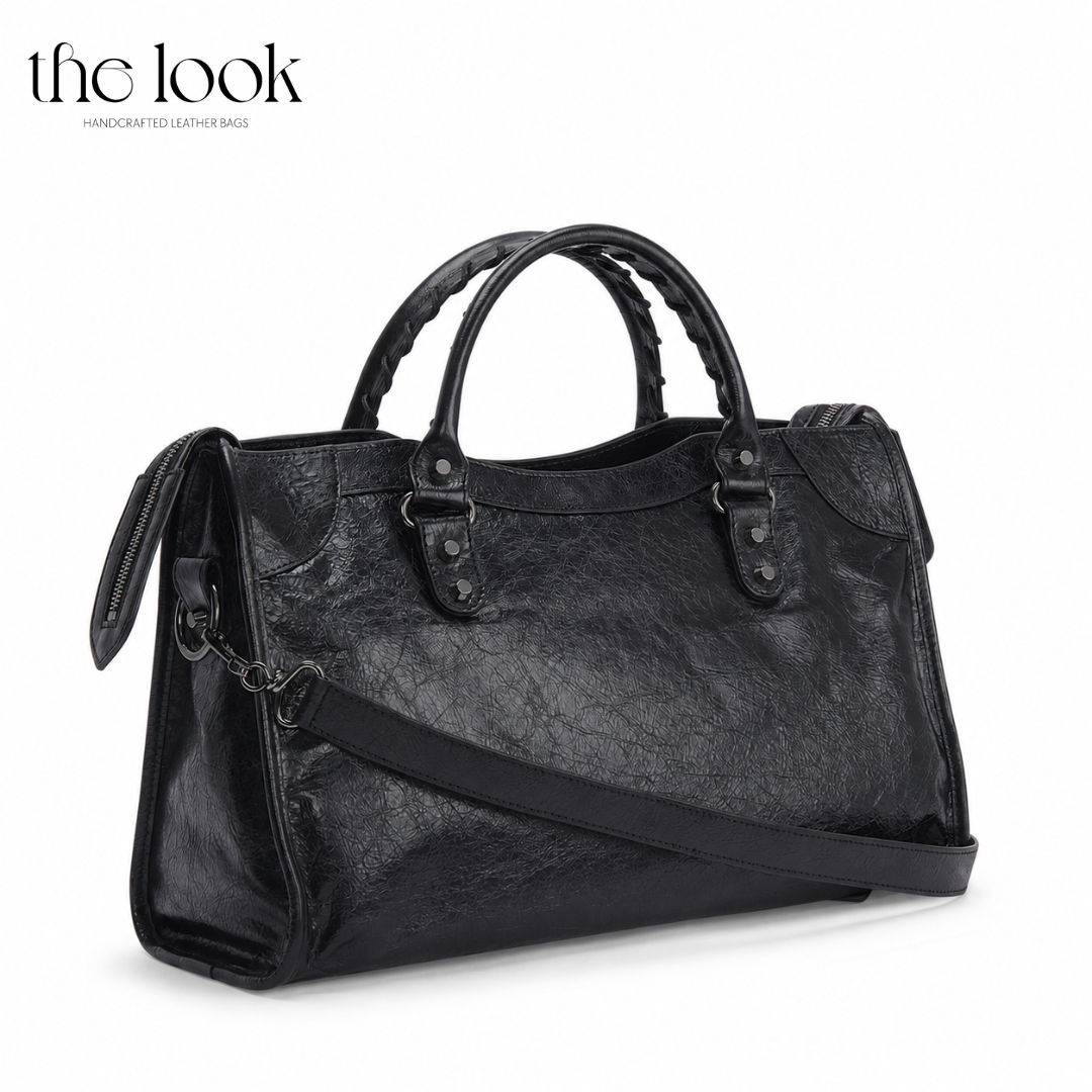 Biker Satchel Regular black goatskin braided handles gunmetal hardware back view