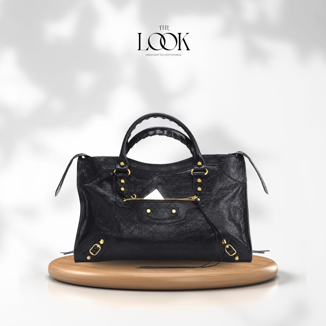Biker Satchel Regular black goatskin braided handles gold brass hardware front view