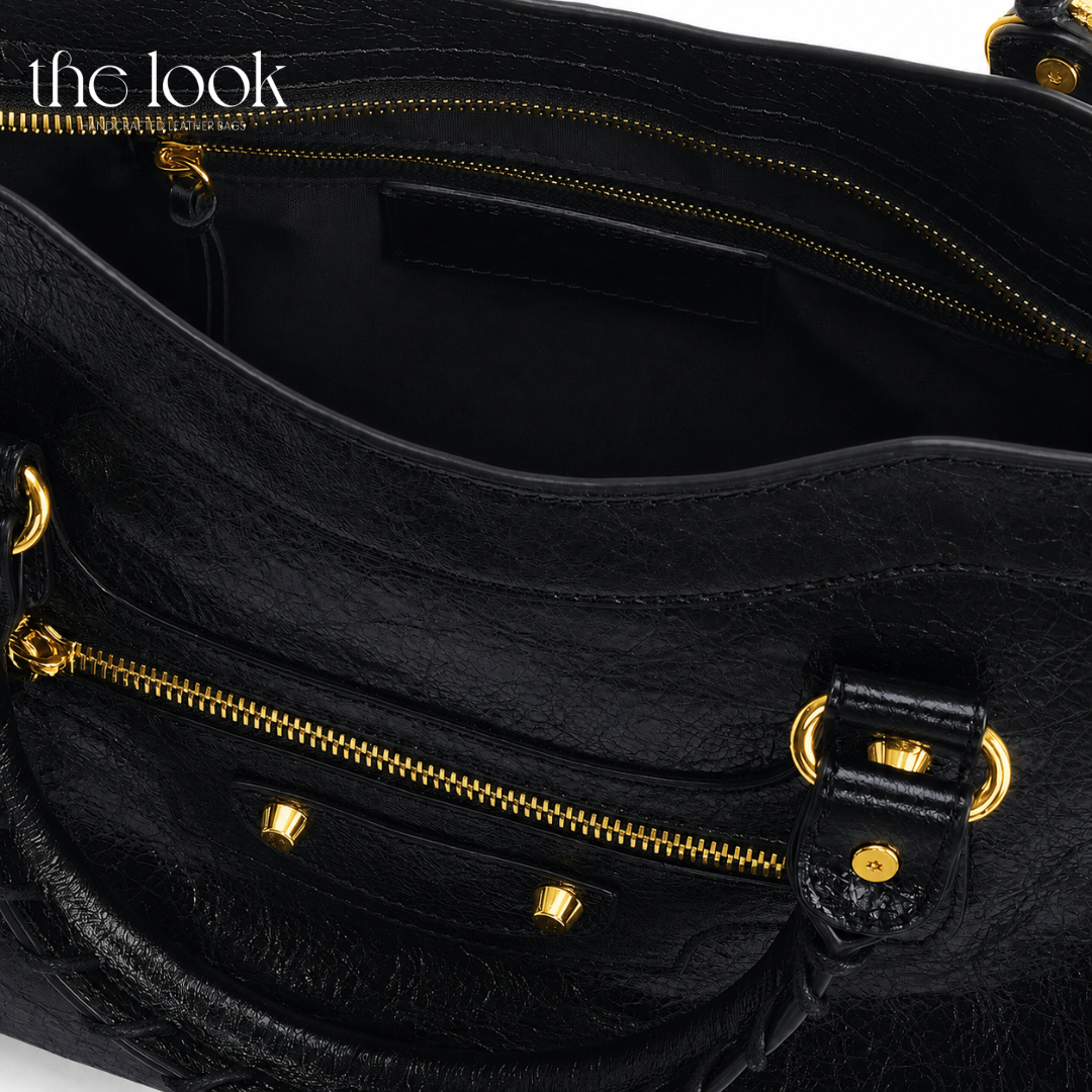 Biker Satchel Regular black goatskin braided handles gold brass hardware detailed view