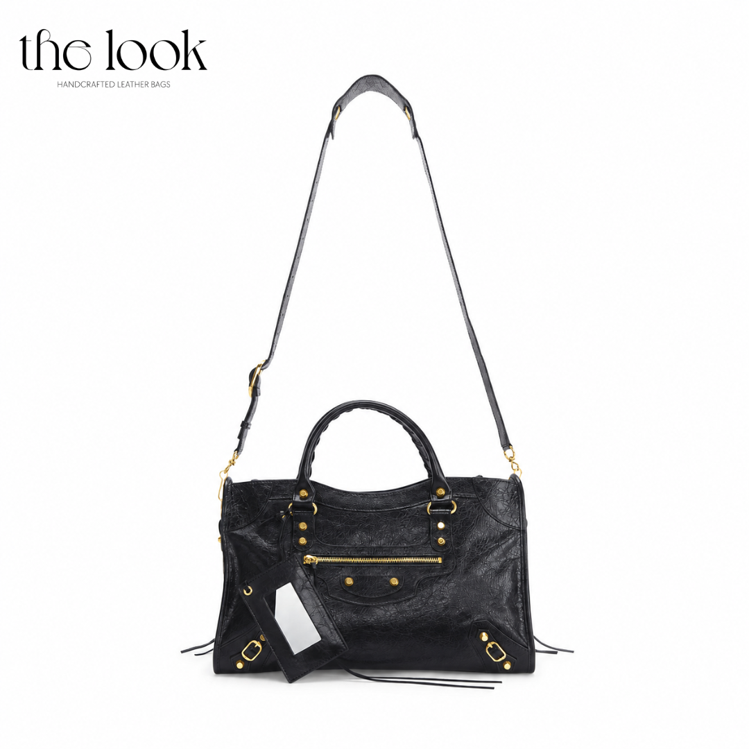 Biker Satchel Regular black goatskin braided handles gold brass hardware front view shoulder strap