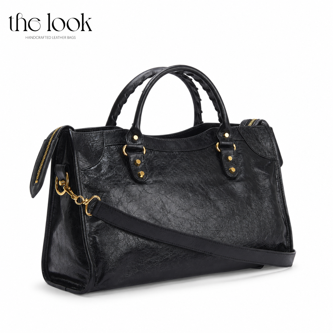 Biker Satchel Regular black goatskin braided handles gold brass hardware back view