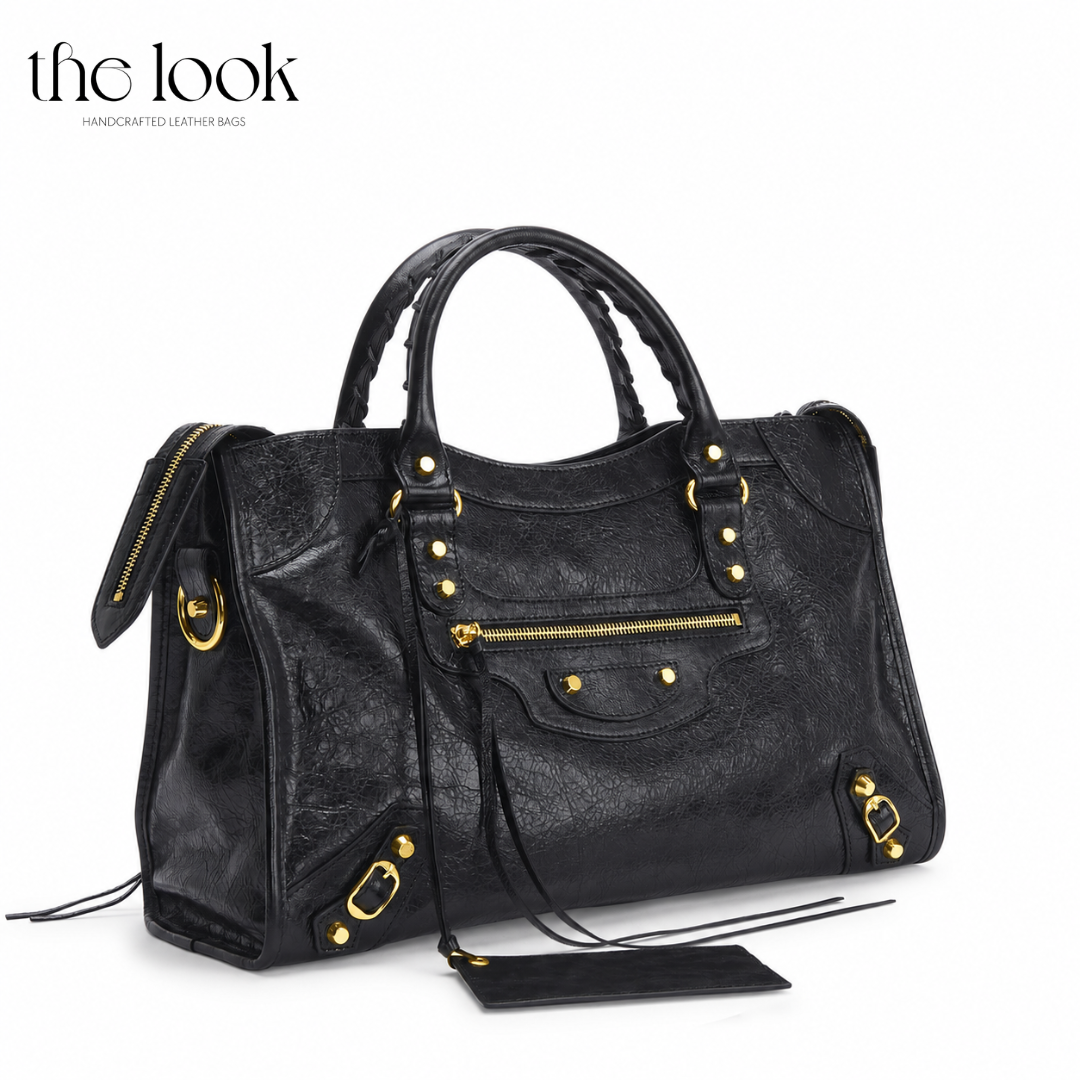 Biker Satchel Regular black goatskin braided handles gold brass hardware side view