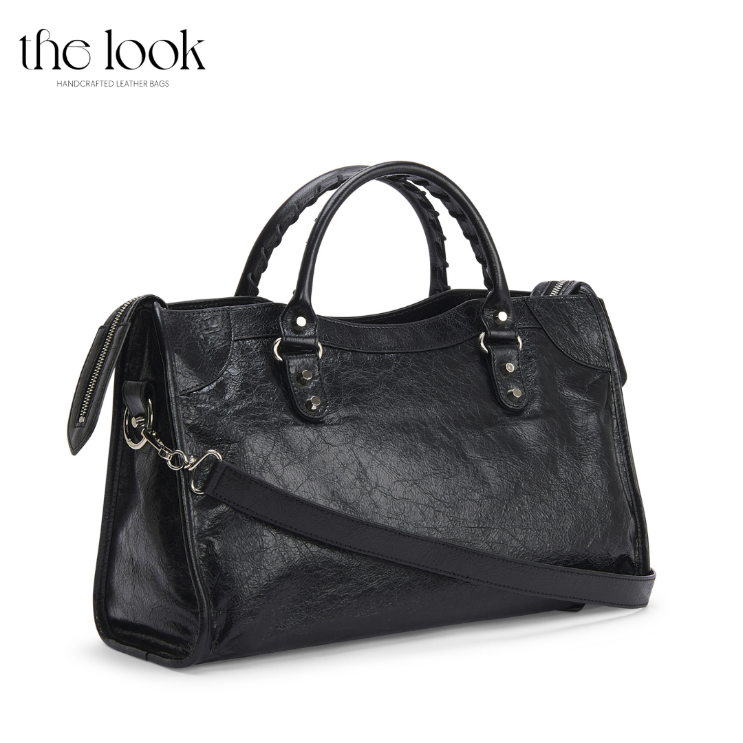Biker Satchel Regular black goatskin braided handles silver hardware side view