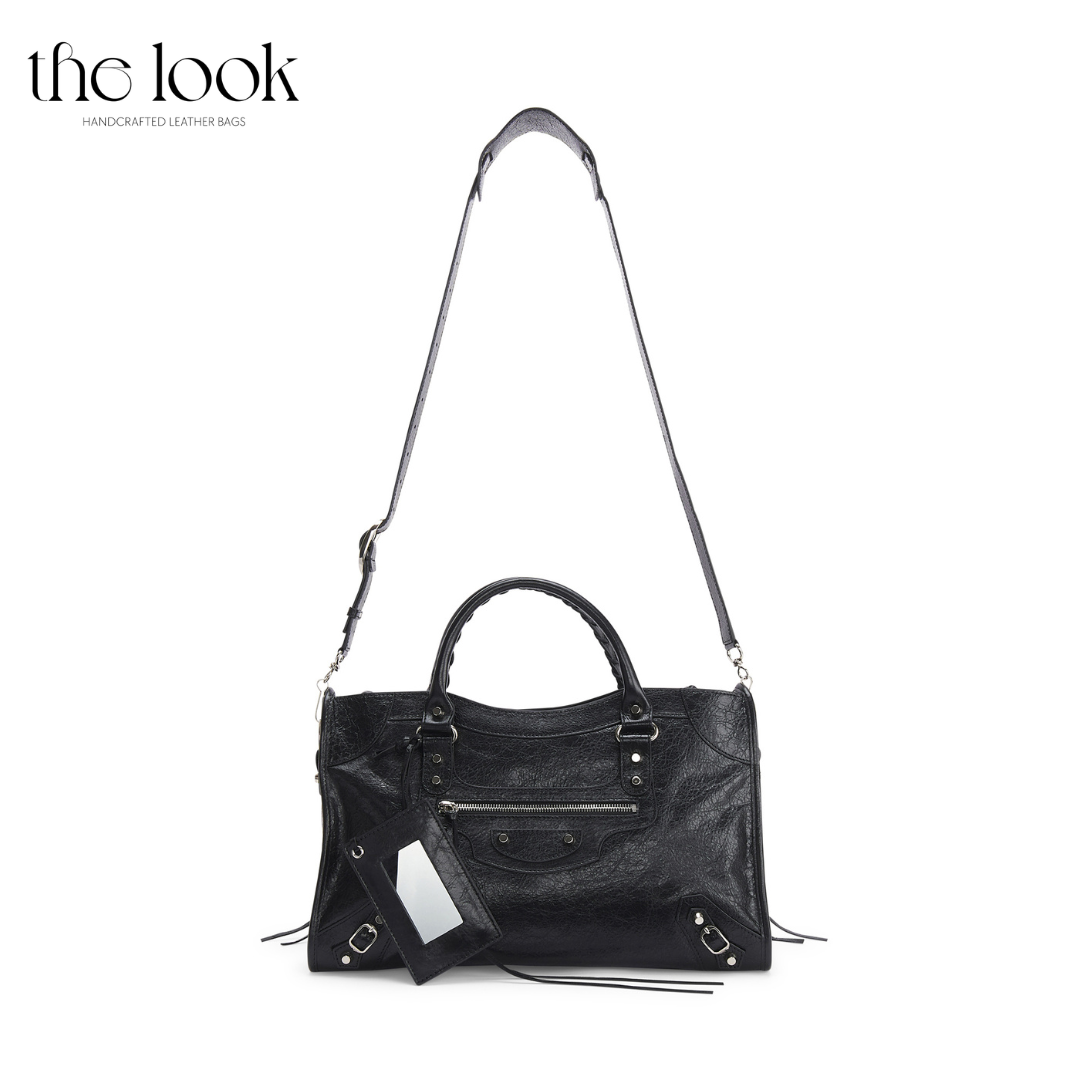 Biker Satchel Regular black goatskin braided handles silver hardware front view shoulder strap