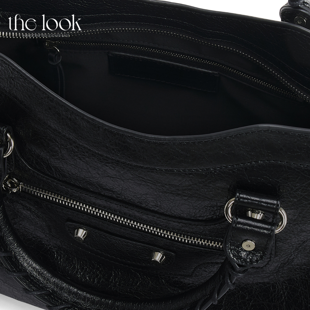 Biker Satchel Regular black goatskin braided handles silver hardware detailed view