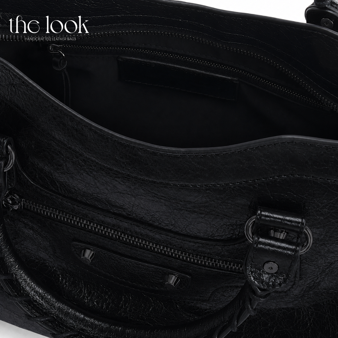 Biker Satchel Regular black goatskin braided handles gunmetal hardware detailed view