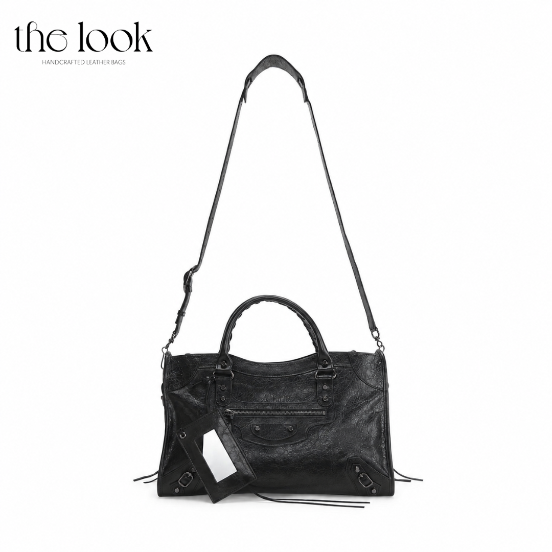 Biker Satchel Regular black goatskin braided handles gunmetal hardware front view shoulder strap
