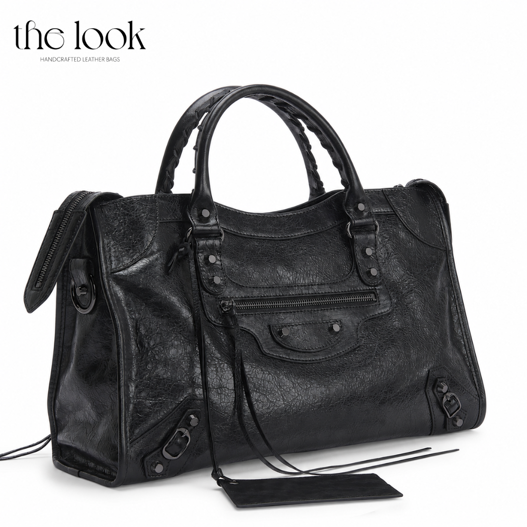 Biker Satchel Regular black goatskin braided handles gunmetal hardware side view