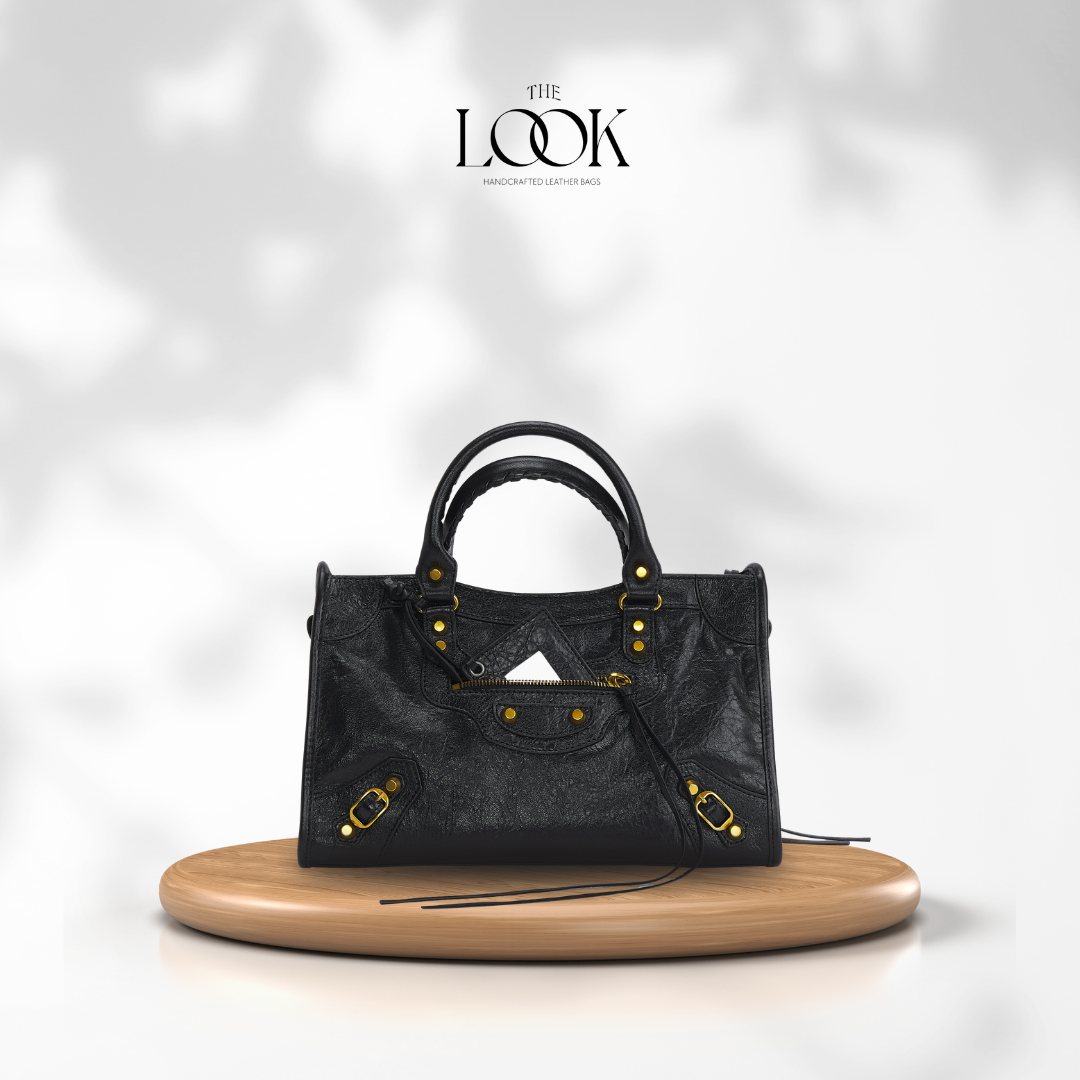 Biker Satchel Medium black goatskin gold brass hardware front view