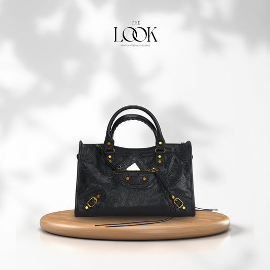 Biker Satchel Medium black goatskin gold brass hardware front view