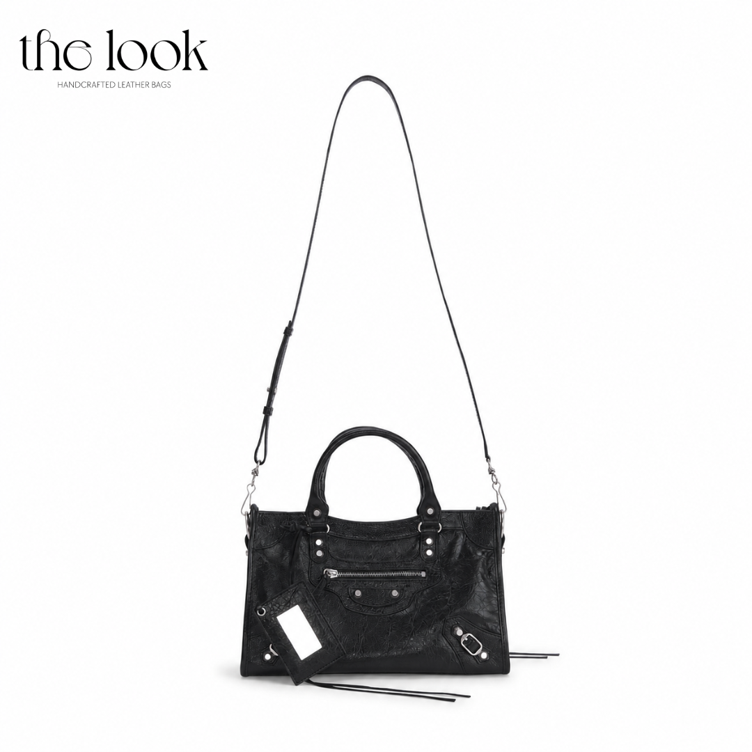 Biker Satchel Medium black goatskin silver hardware front view shoulder strap