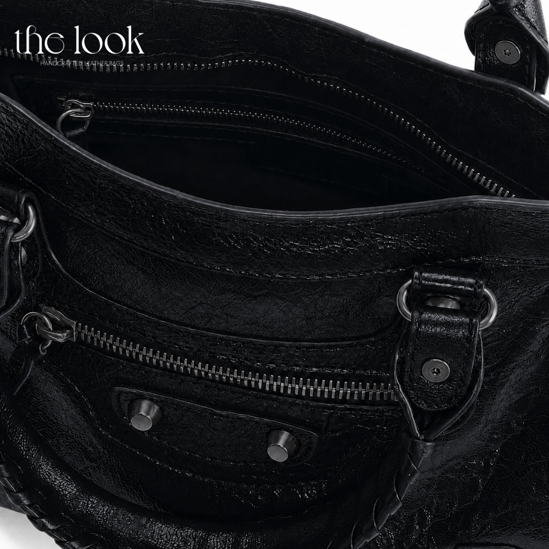 Biker Satchel Medium black goatskin gunmetal hardware detailed view