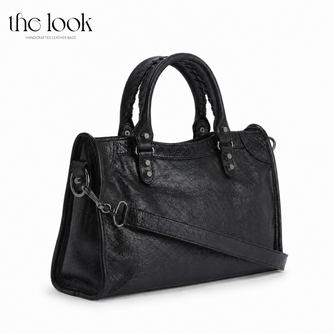 Biker Satchel Medium black goatskin gunmetal hardware back view