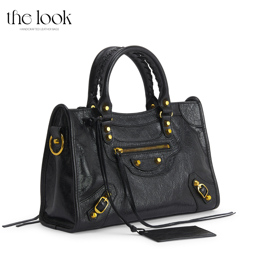 Biker Satchel Medium black goatskin gold brass hardware angled view