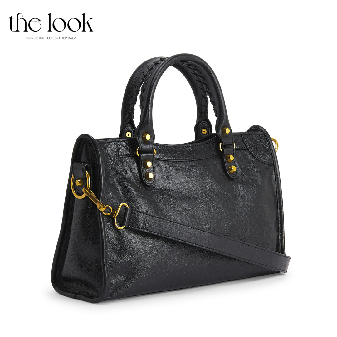 Biker Satchel Medium black goatskin gold brass hardware back view