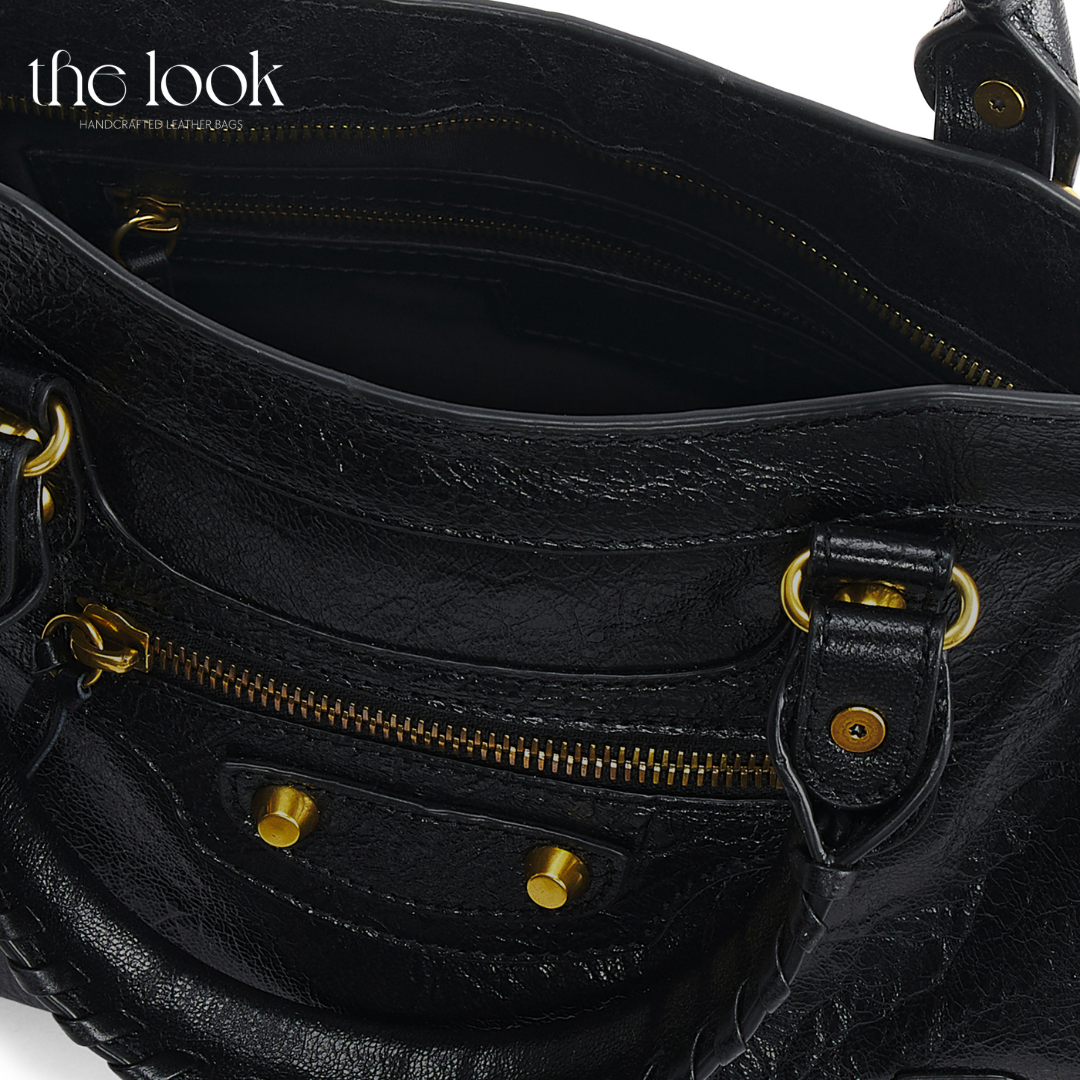 Biker Satchel Medium black goatskin gold brass hardware detailed view