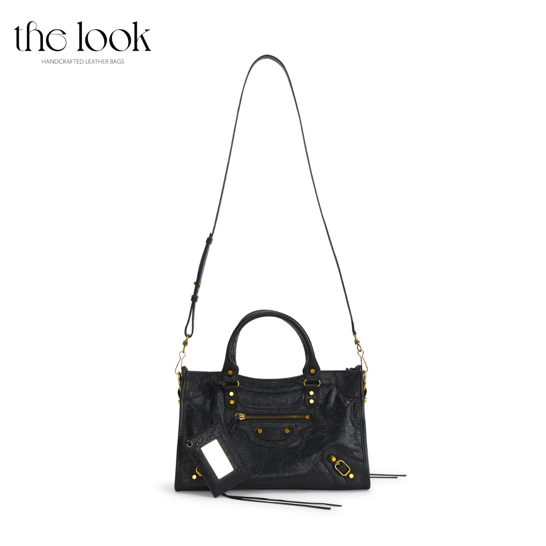 Biker Satchel Medium black goatskin gold brass hardware front view shoulder strap
