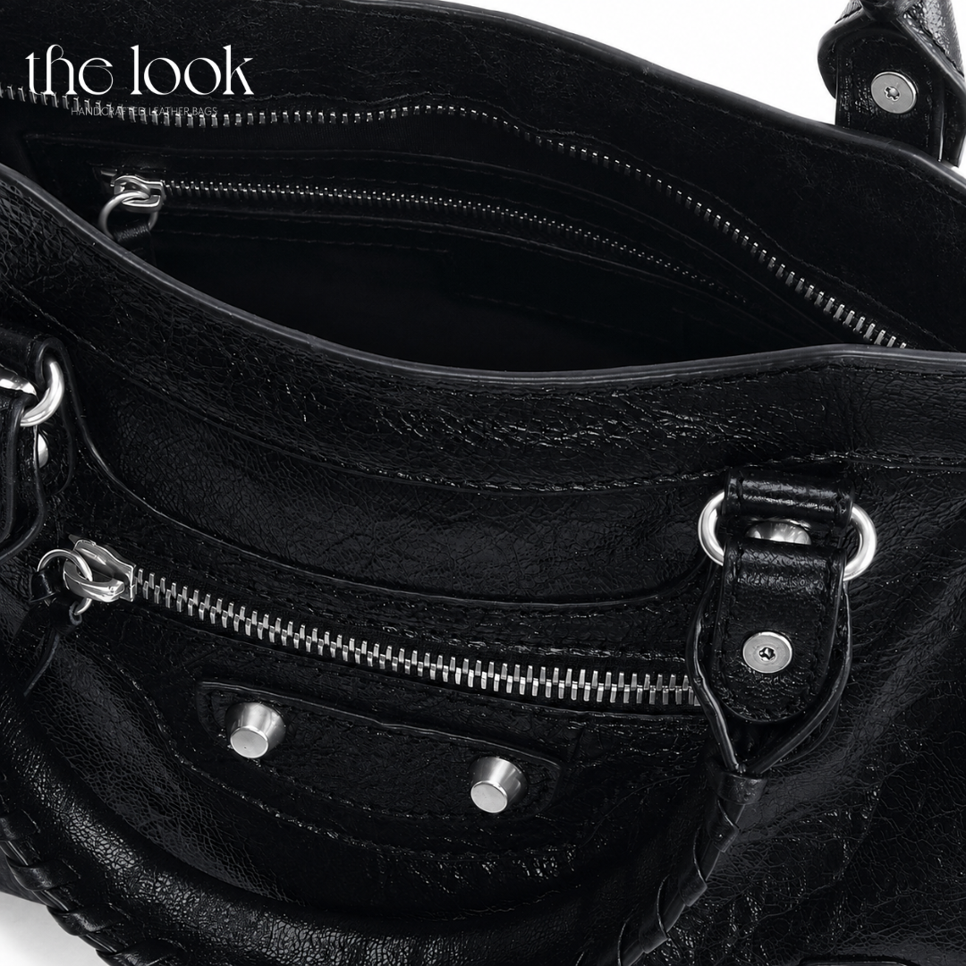 Biker Satchel Medium black goatskin silver hardware detailed view