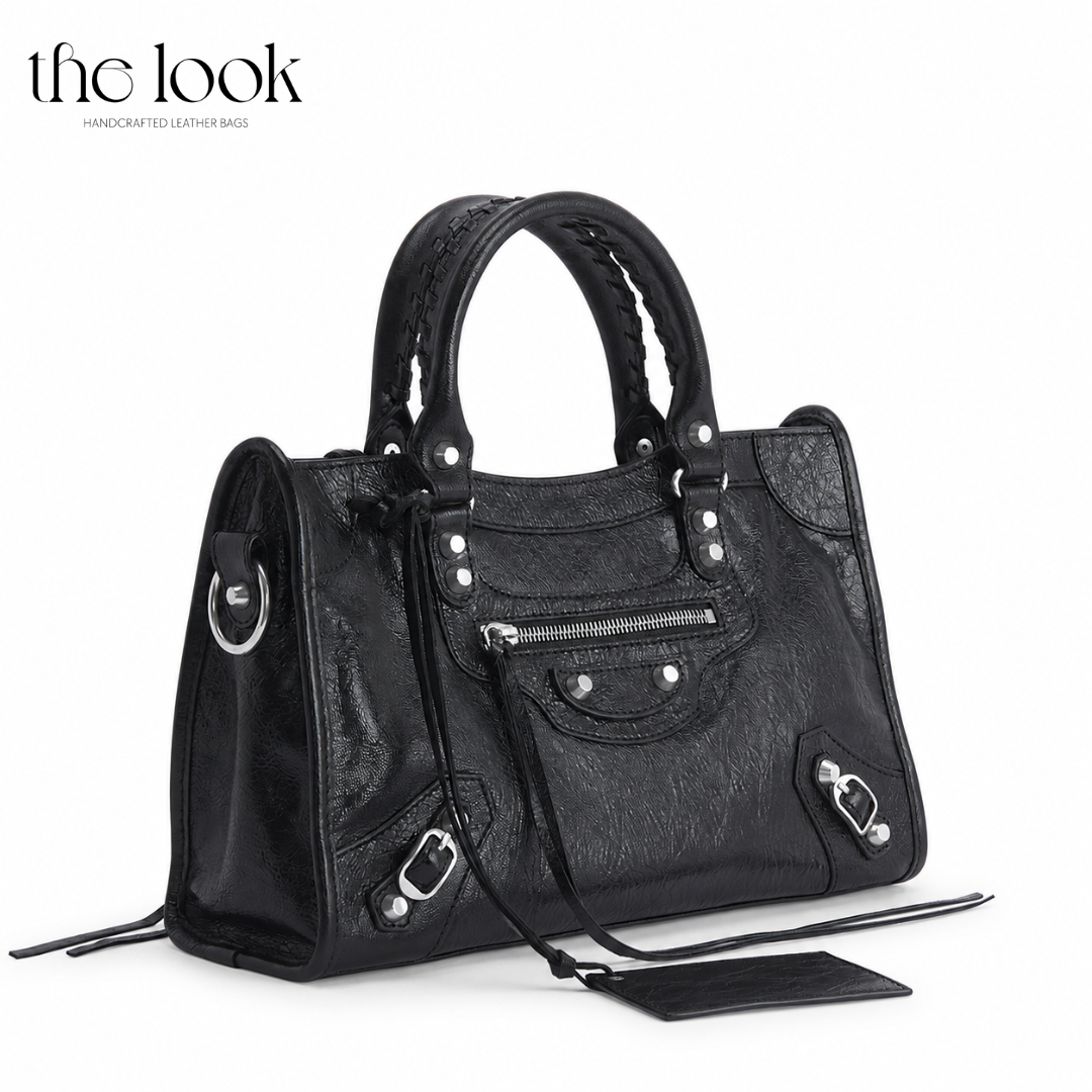 Biker Satchel Medium black goatskin silver hardware angled view