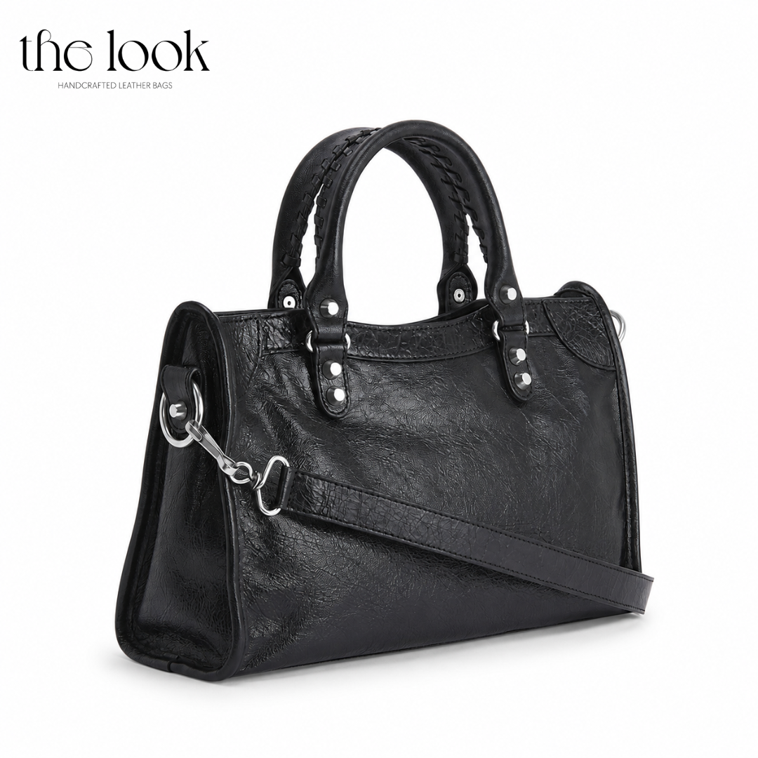 Biker Satchel Medium black goatskin silver hardware back view