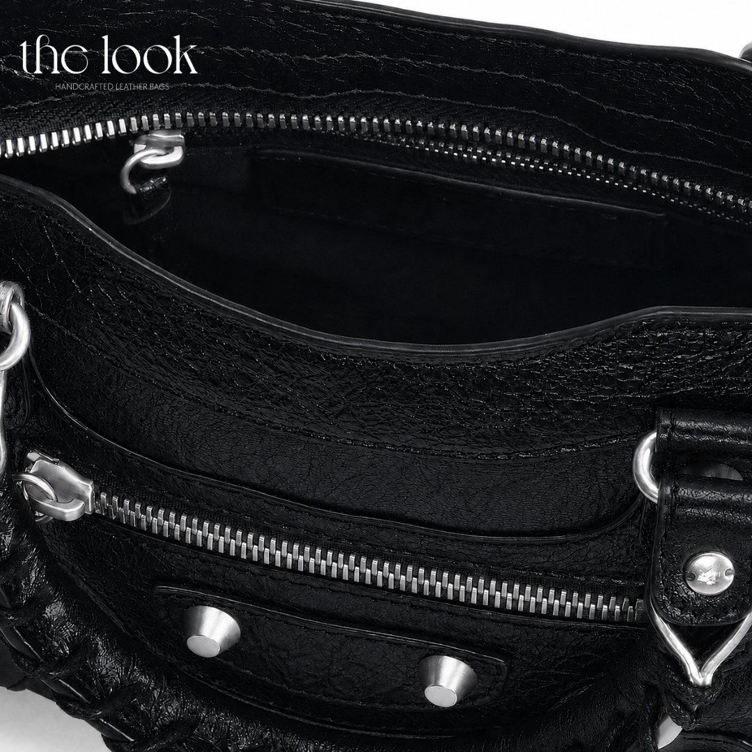 Biker Satchel Small Silver hardware detailed View Goat skin 