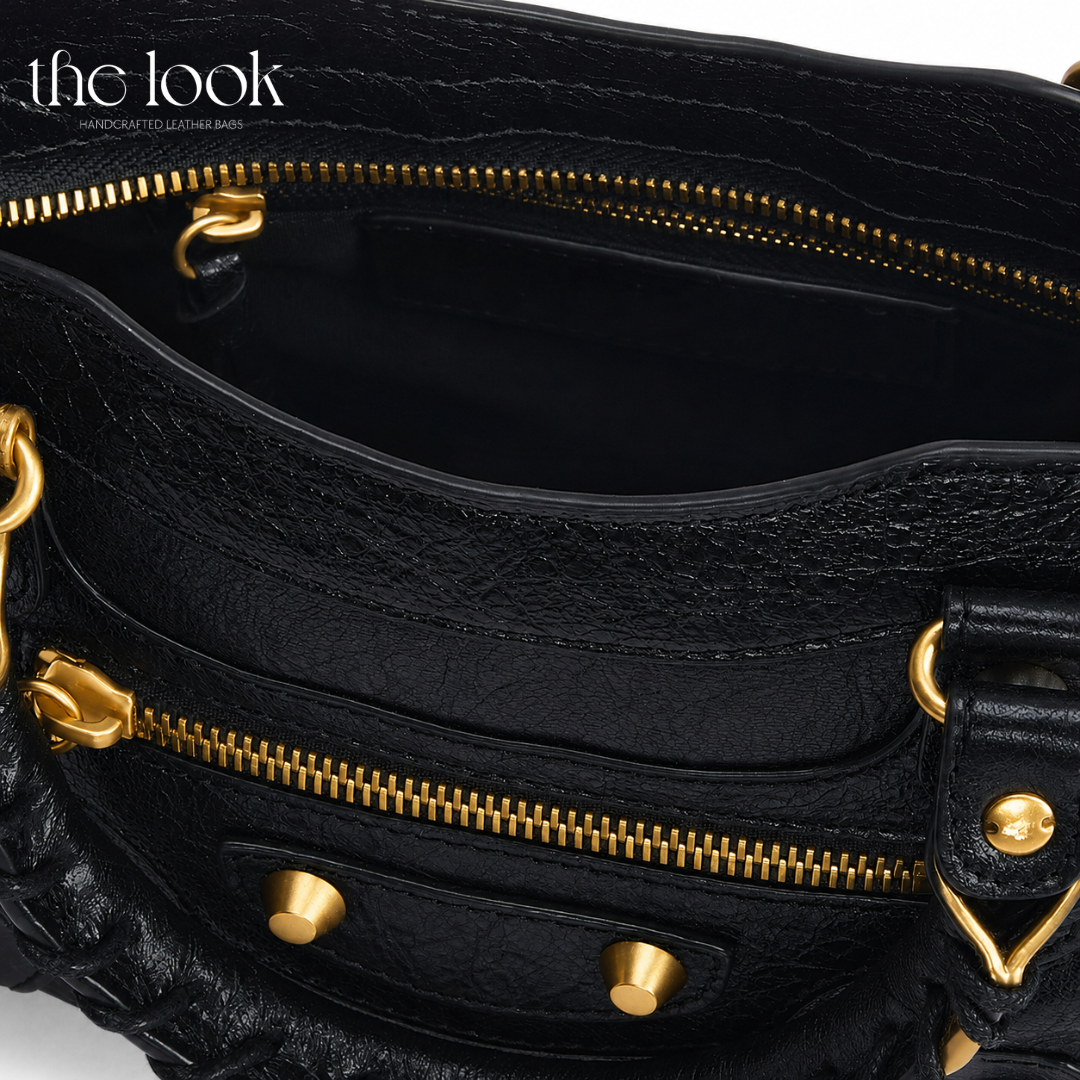 Biker Satchel Small Gold Brass hardware detailed View Goat skin 