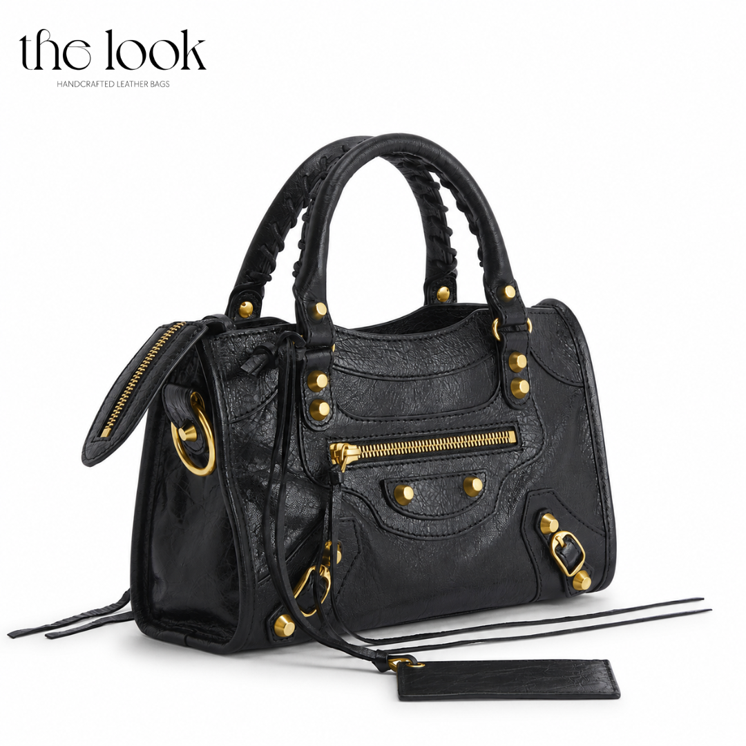 Biker Satchel Small Gold Brass hardware side View Goat skin 
