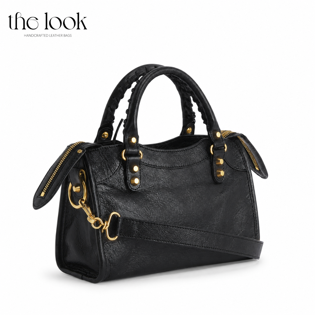 Biker Satchel Small Gold Brass hardware back View Goat skin 