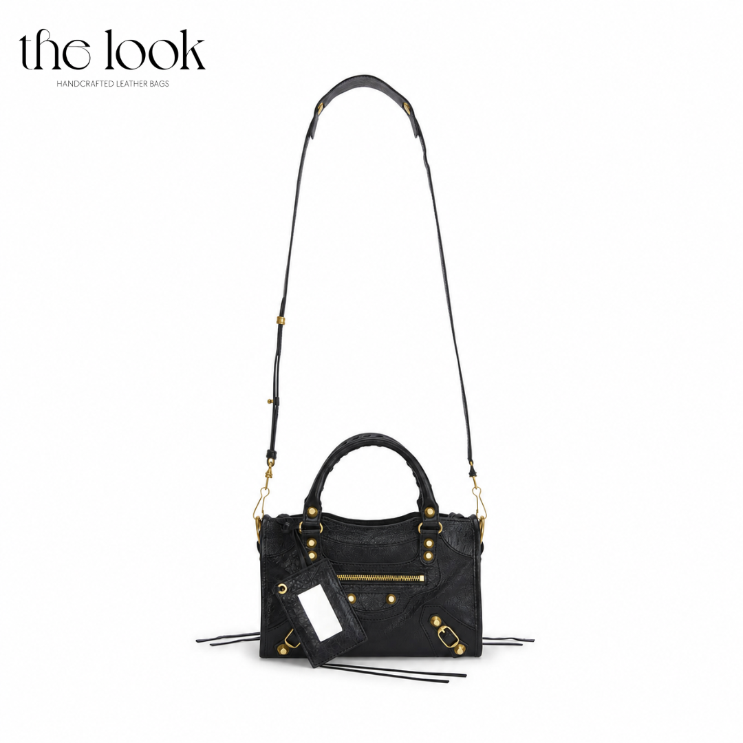 Biker Satchel Small Gold Brass hardware Front View Goat skin shoulder strap