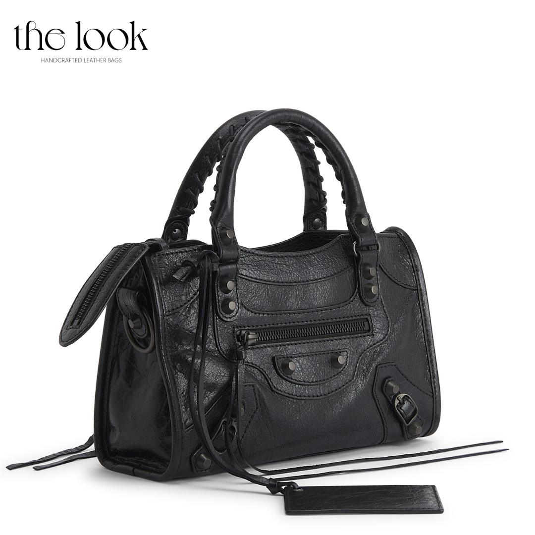 Biker Satchel Small Gunmetal hardware Angled View Goat skin 