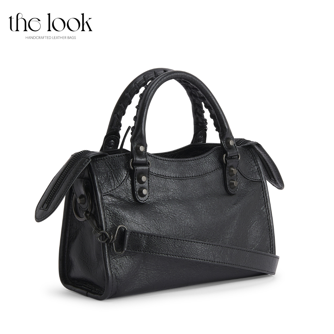 Biker Satchel Small Gunmetal hardware back View Goat skin 
