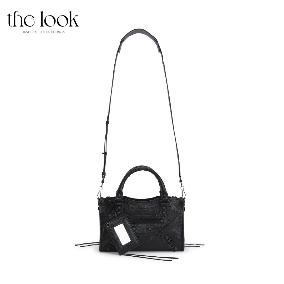 Biker Satchel Small Gunmetal hardware Front View Goat skin shoulder strap
