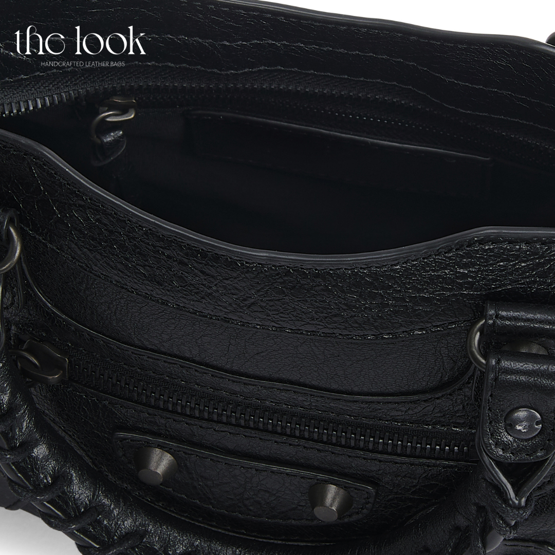 Biker Satchel Small Gunmetal hardware detailed View Goat skin 