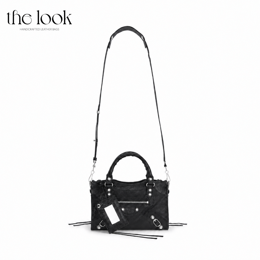 Biker Satchel Small Silver hardware Front View Goat skin shoulder strap