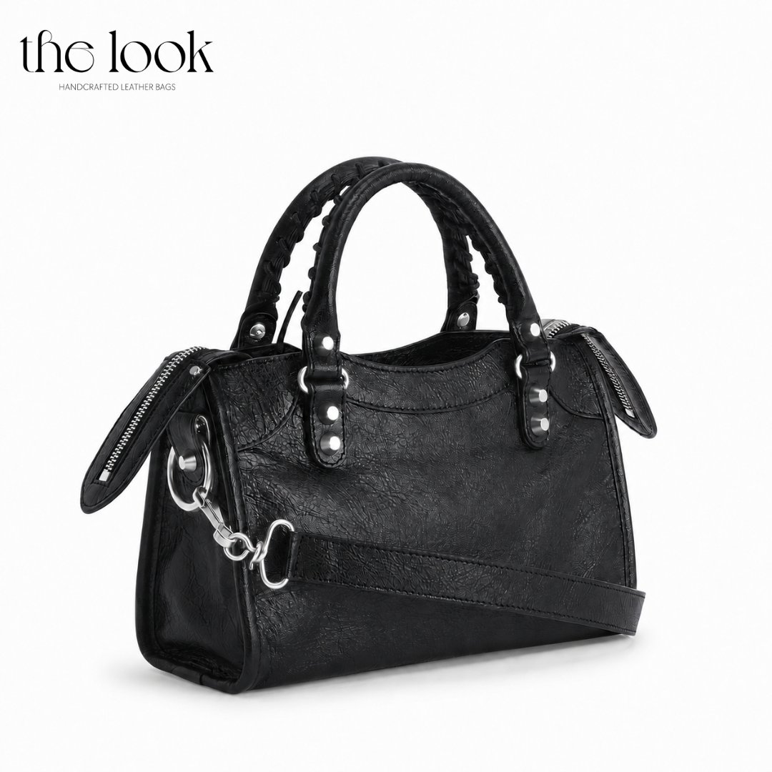 Biker Satchel Small Silver hardware back View Goat skin 