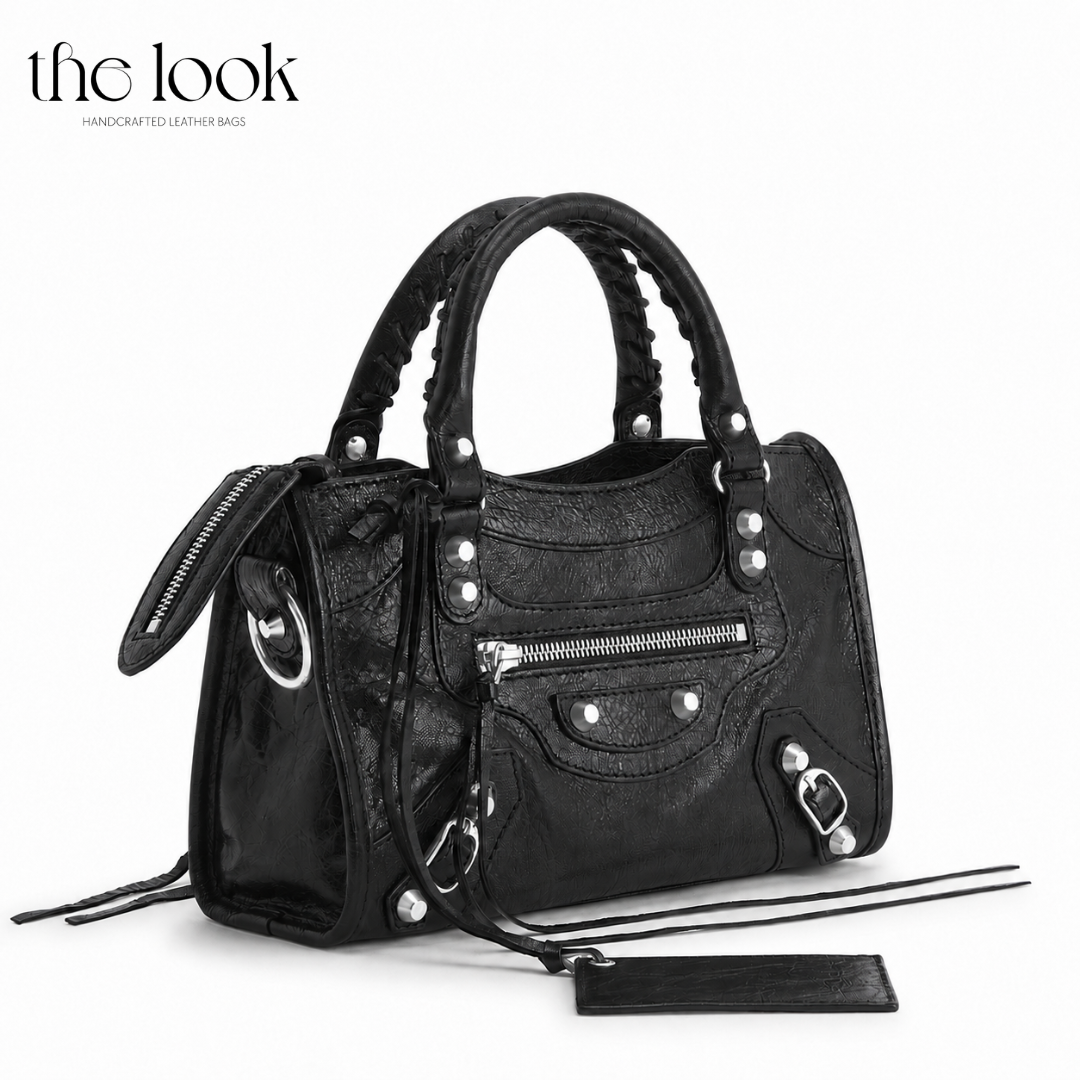 Biker Satchel Small Silver hardware angled View Goat skin 