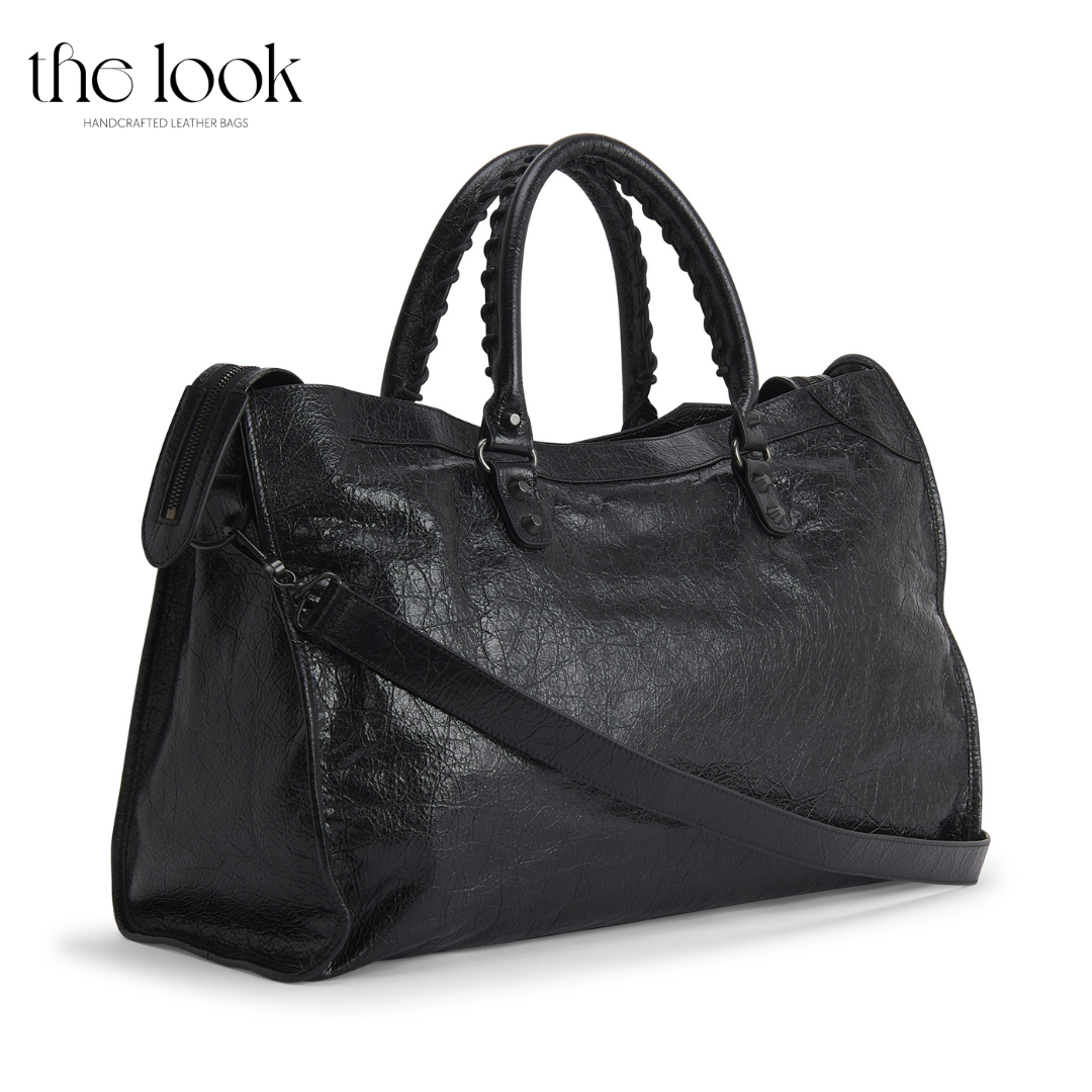 Biker Satchel Jumbo black goatskin braided handles gunmetal hardware back view