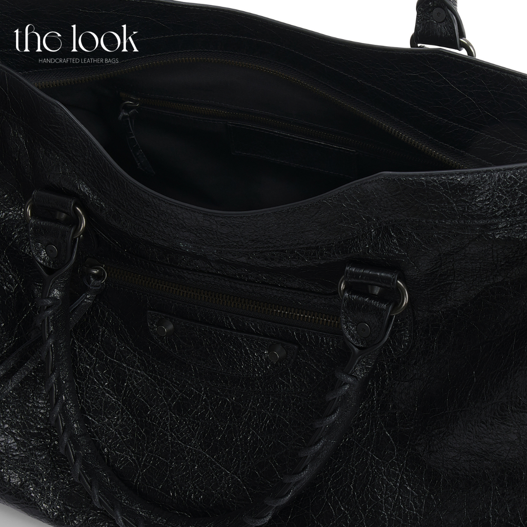 Biker Satchel Jumbo black braided handles gunmetal hardware detailed view