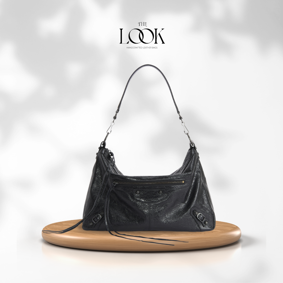 Biker Convertible shoulder bag black goatskin gunmetal hardware braided handle front view