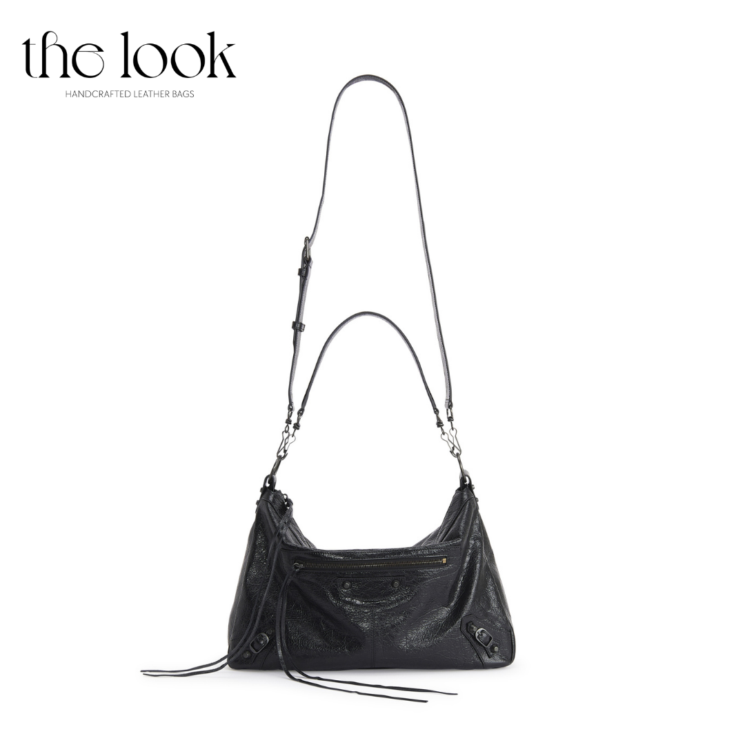 Biker Convertible shoulder bag black goatskin gunmetal hardware braided handle front view shoulder strap