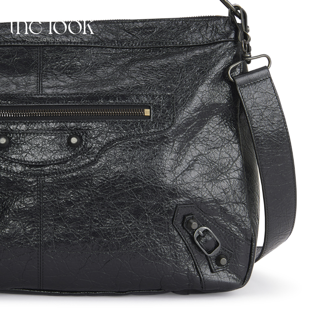 Biker Convertible shoulder bag black goatskin gunmetal hardware braided handle detailed view