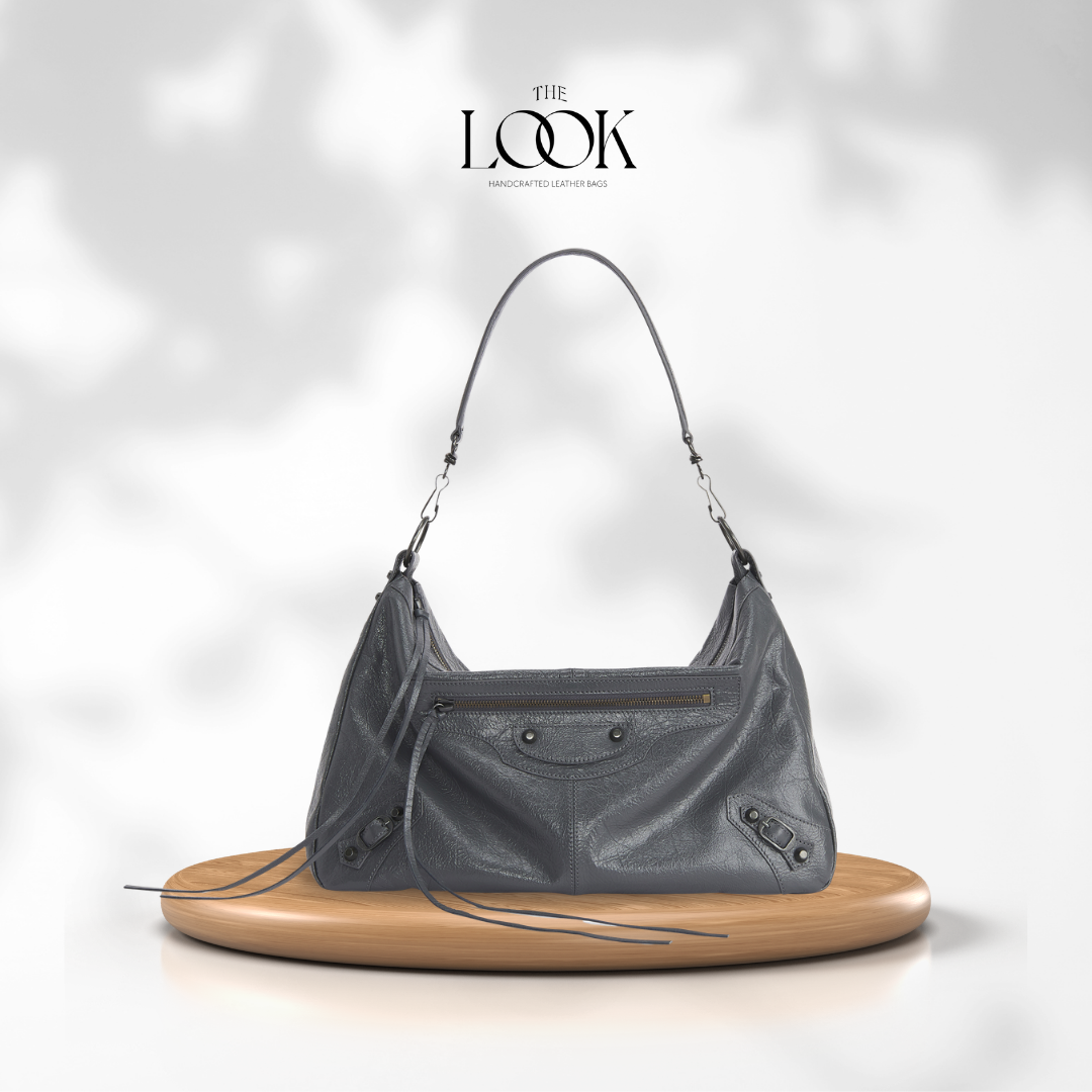 Biker Convertible shoulder bag gray goatskin gunmetal hardware braided handle front view