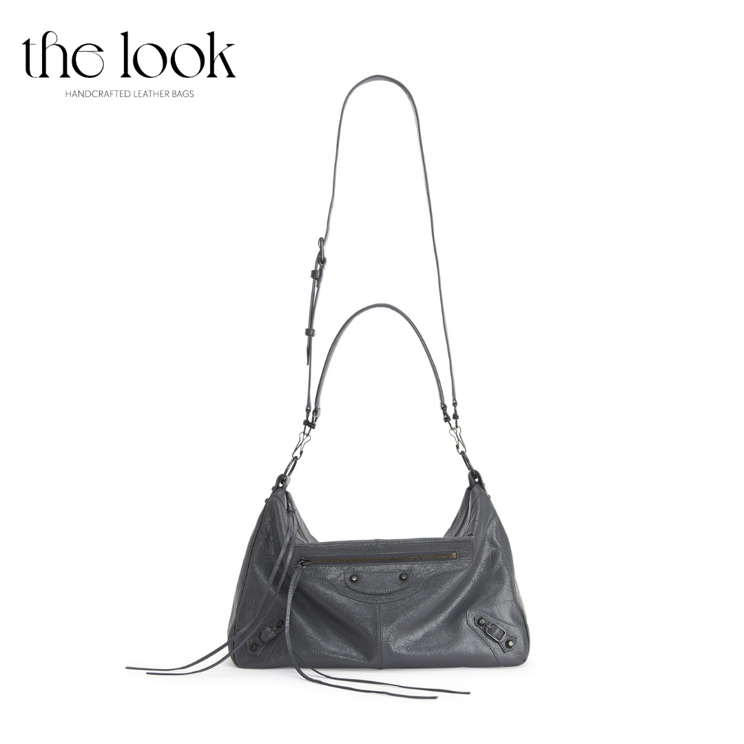Biker Convertible shoulder bag gray goatskin gunmetal hardware braided handle front view shoulder strap