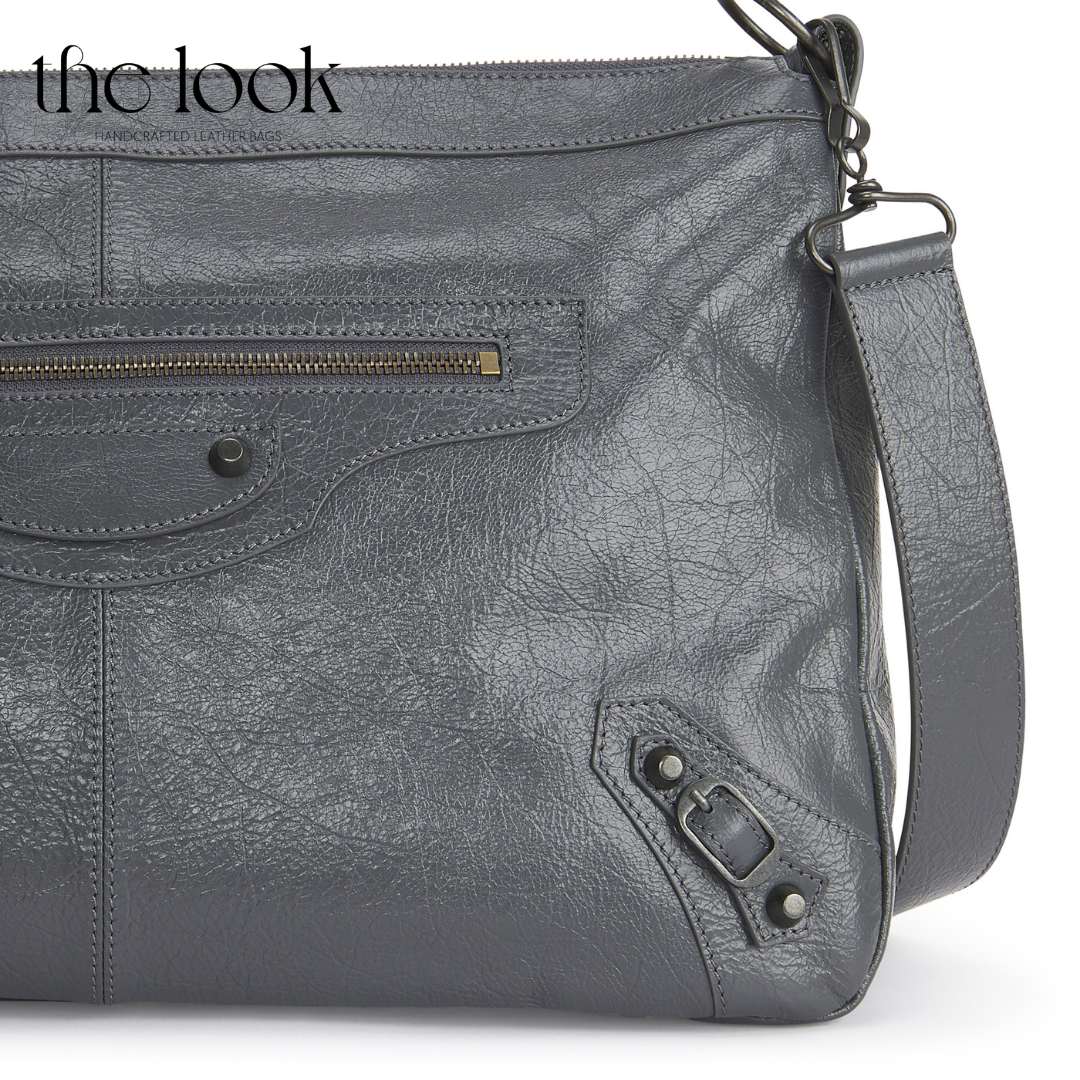 Biker Convertible shoulder bag gray goatskin gunmetal hardware braided handle detailed view