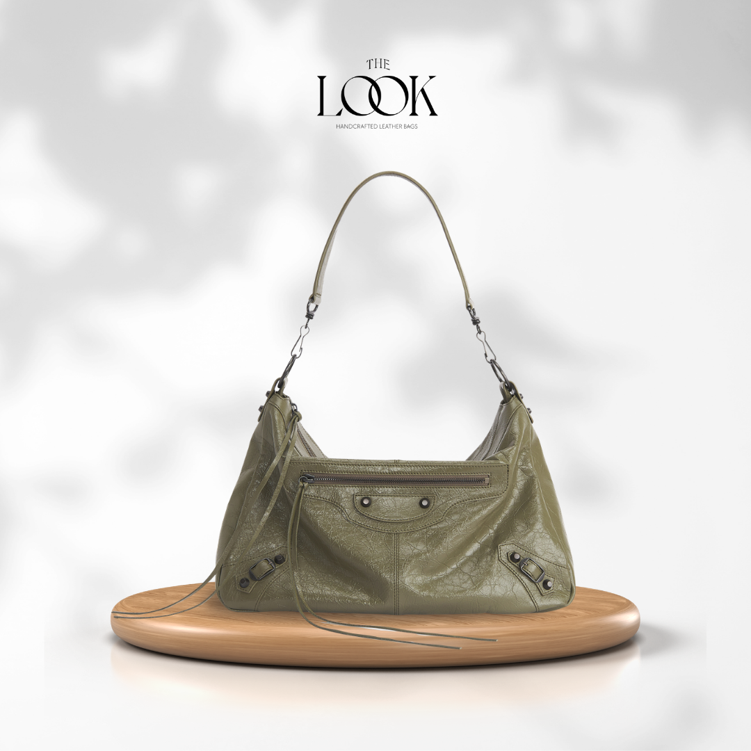 Biker Convertible shoulder bag olive goatskin handle front view