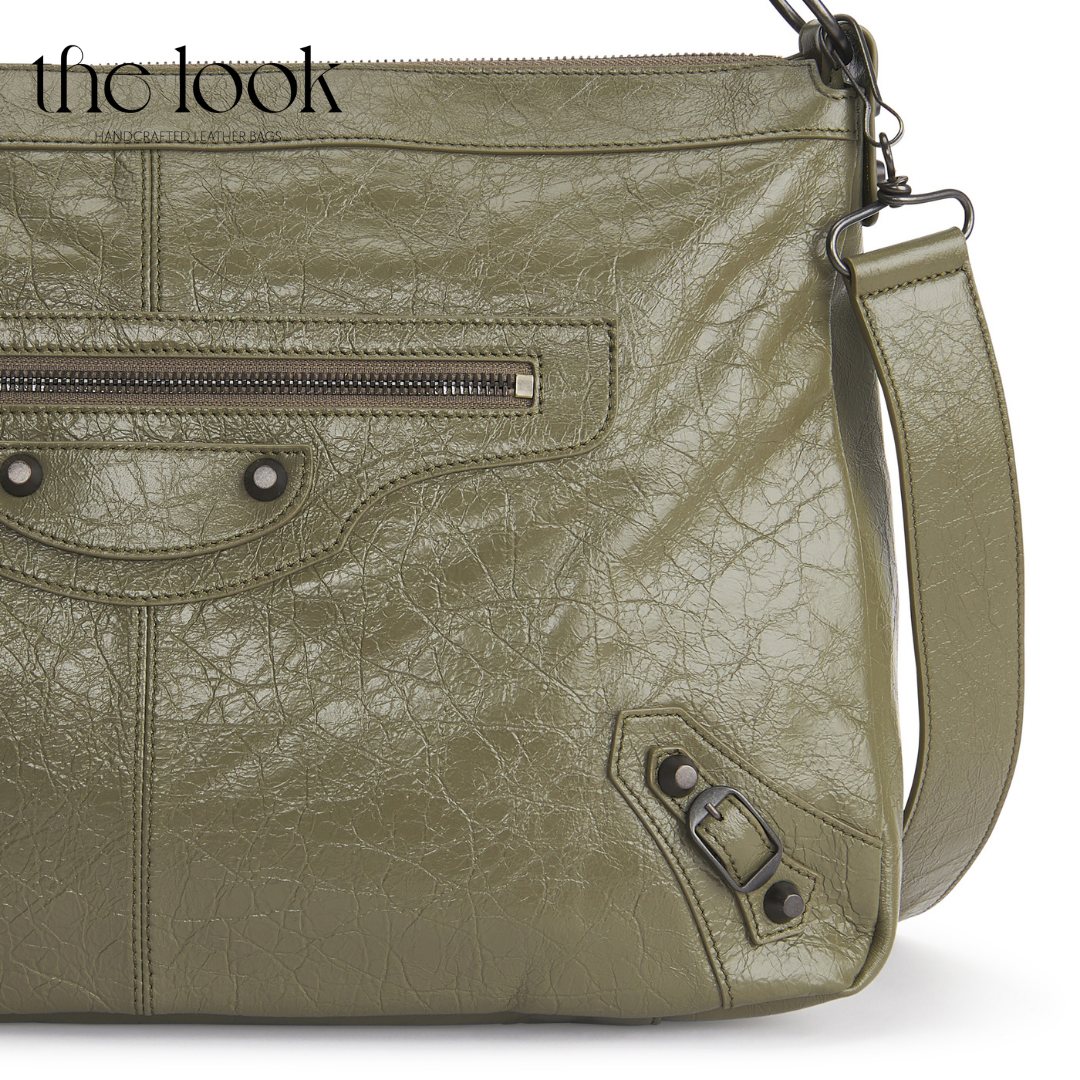 Biker Convertible shoulder bag olive goatskin handle detailed view