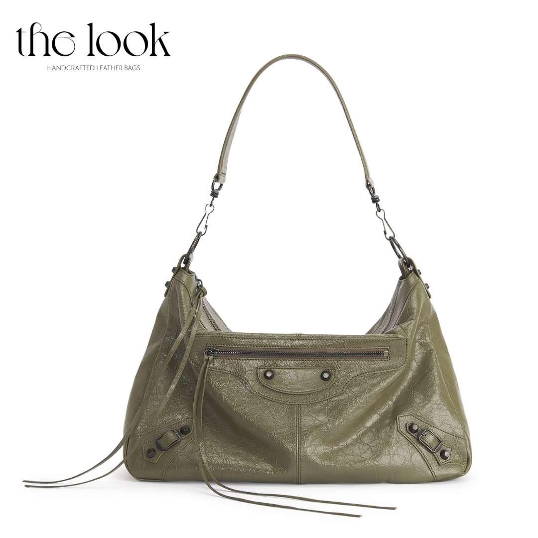 Biker Convertible shoulder bag olive goatskin handle front view
