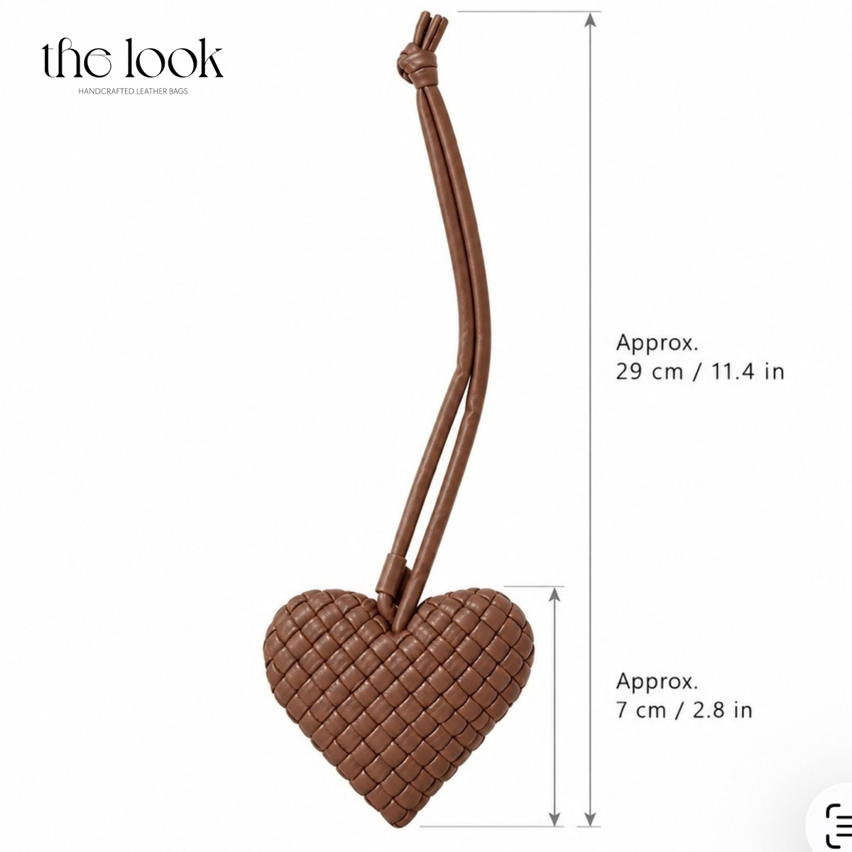 The Loop Amour woven leather heart bag charm in Honey Toffee showing approximately 7 cm heart height and 29 cm overall length