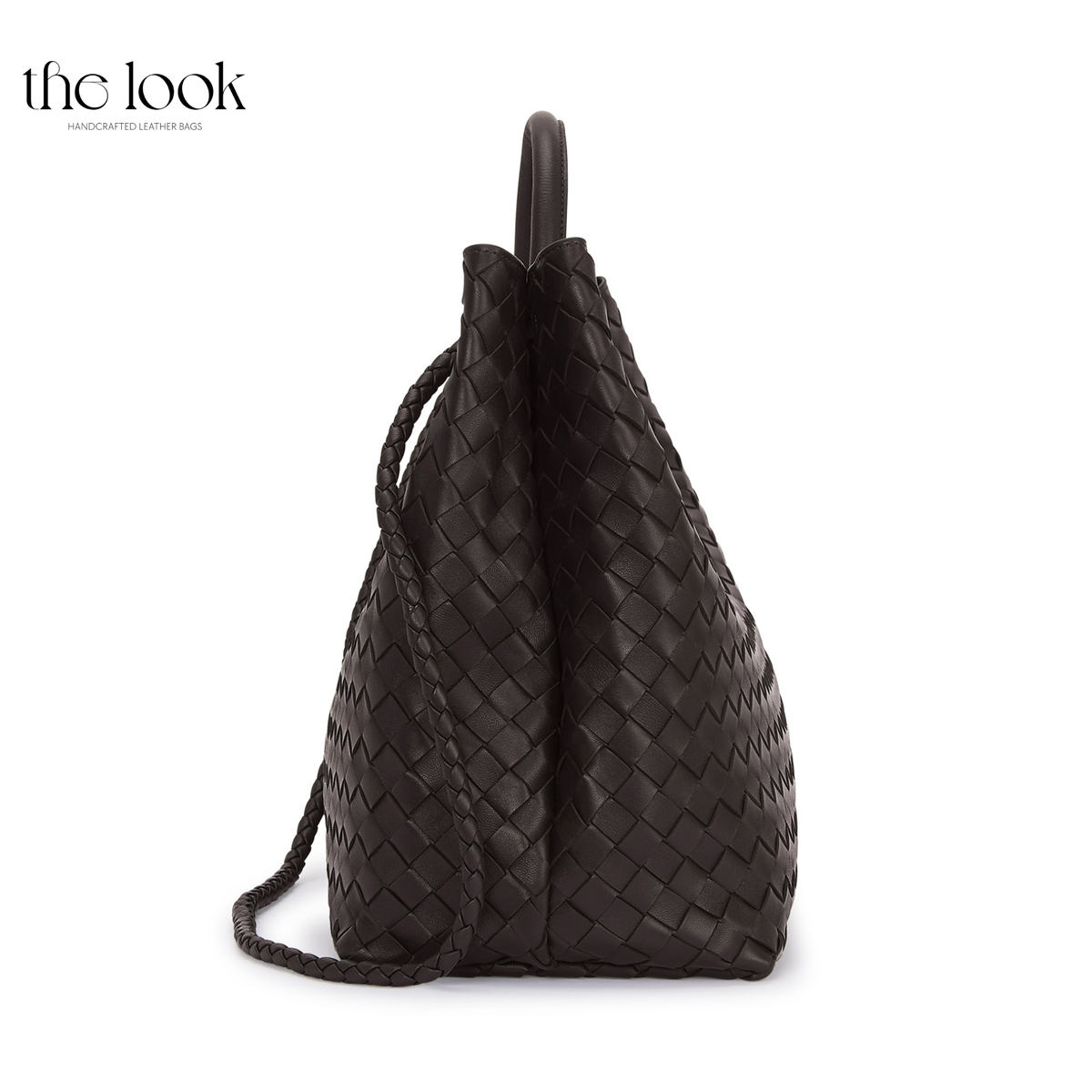 Side view of The Loop Jumbo Satchel in Ebene woven lambskin leather, showing its generous depth and additional strap.