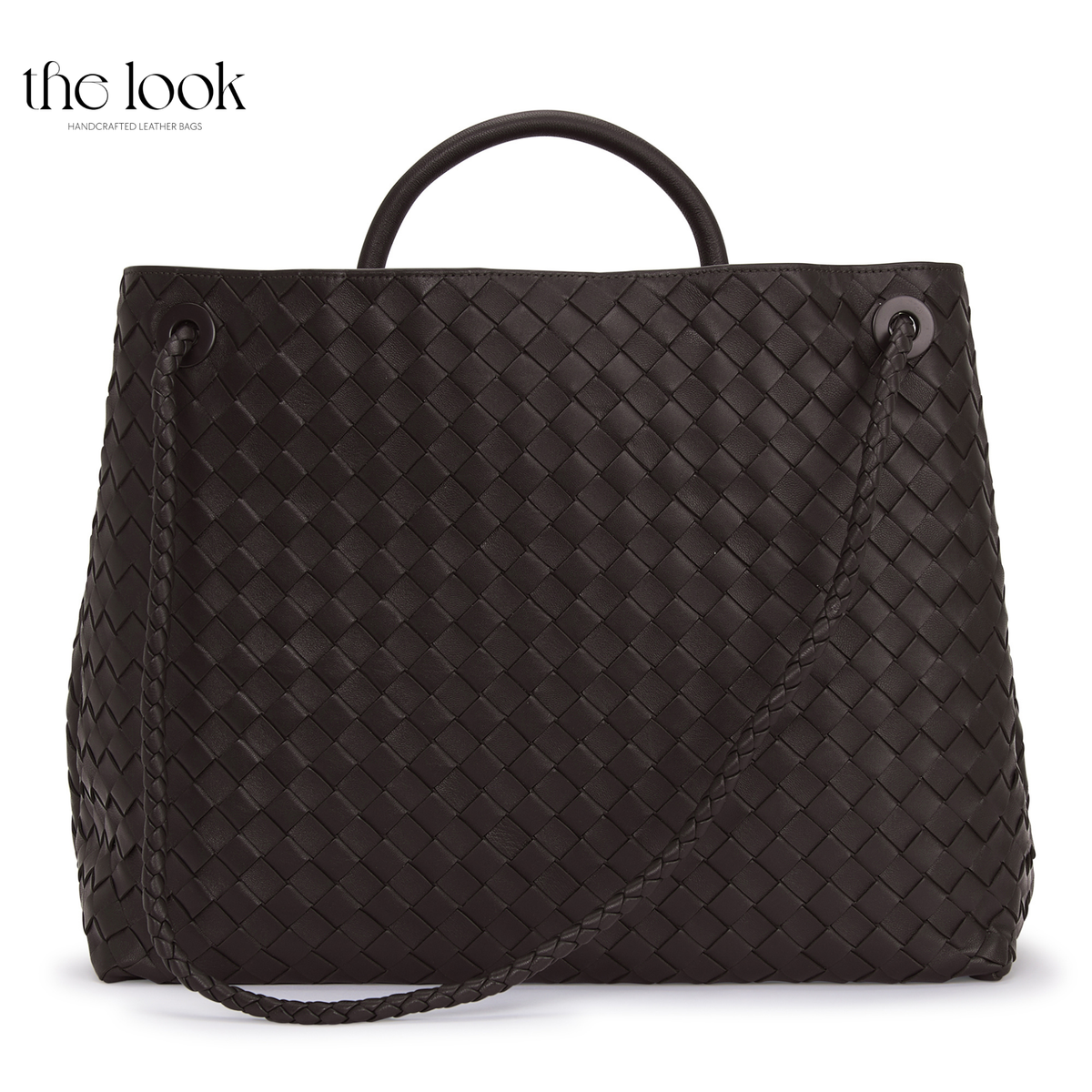 Back view of The Loop Jumbo Satchel in Ebene woven lambskin leather with top handle and additional strap.